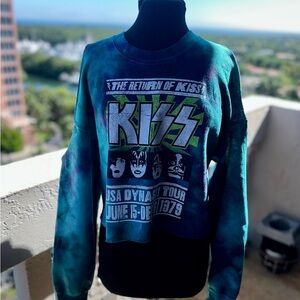 Kiss Dynasty Tour Graphic Cropped Tie Dye Sweatshirt Cutout Shoulders Blue NWT
